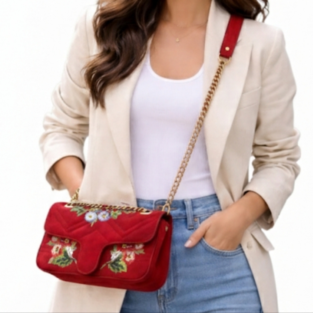 Red Flower Embroided Crossbody Chain Purse